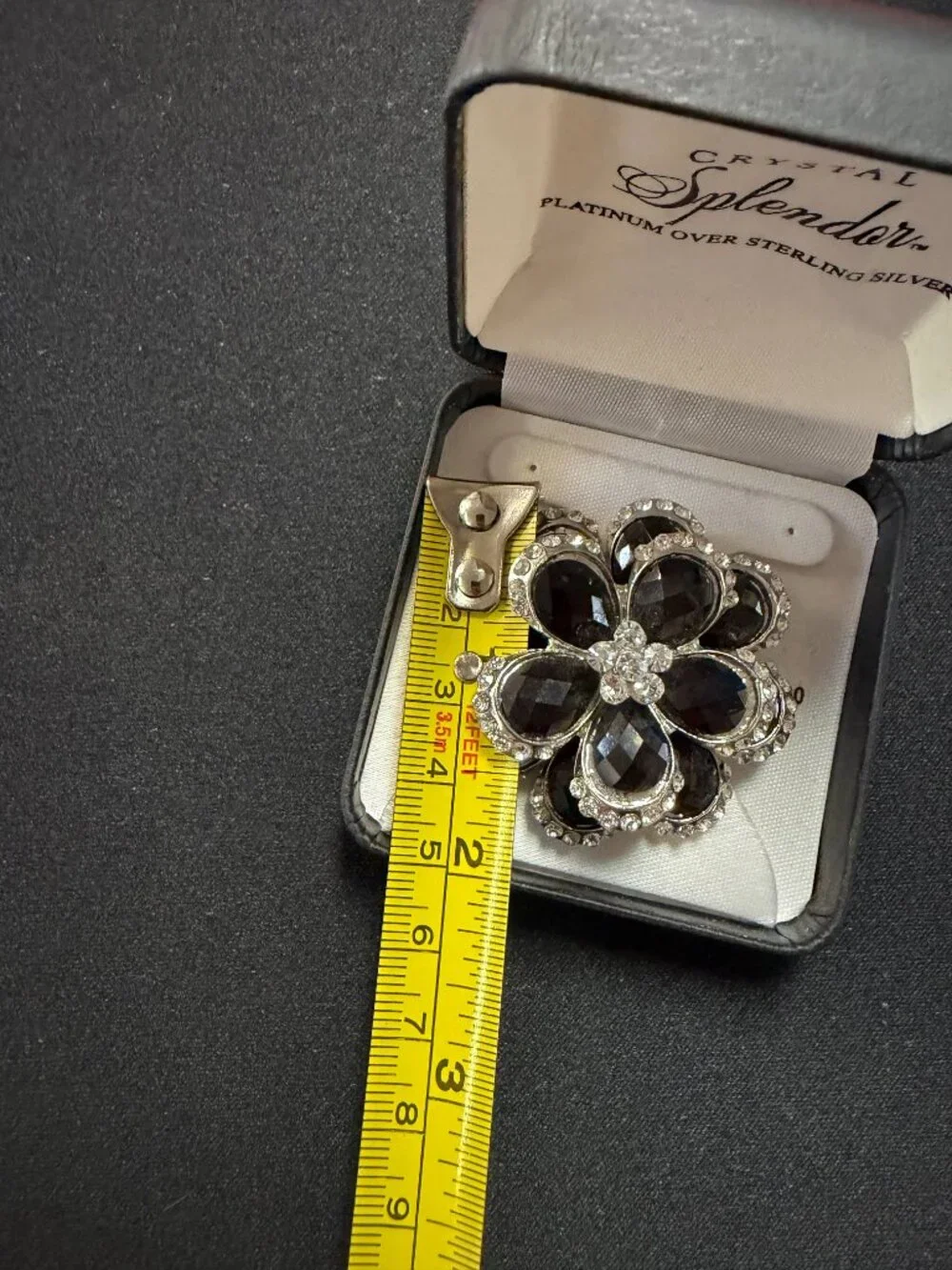 Crystal Splendor Black&White Crystal Floral Brooch Platinum Over Sterling Silver